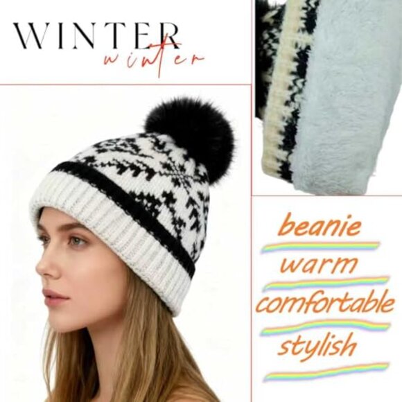 Women\'s Chunky Knit Beanie with Pom-Pom - Cashmere Inner Layer Winter Hat main image 7